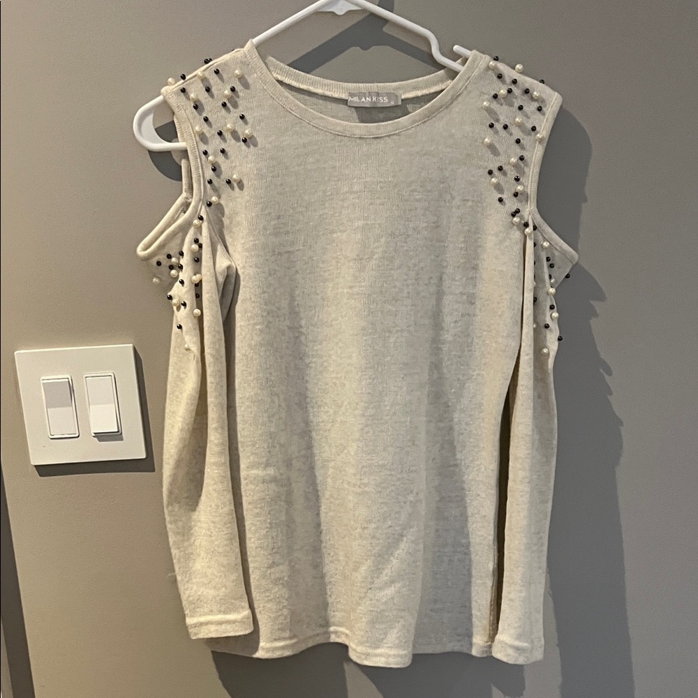 Elegant Cream Beaded Cold Shoulder Sweatshirt